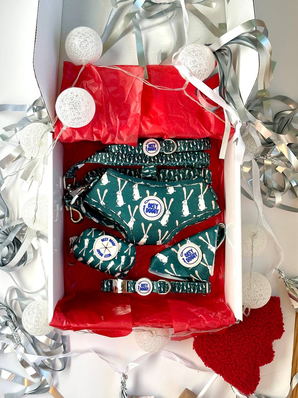 Green Dog Walking Set with Rabbit Print – Harness, Leash, Collar, Bandana, Waste Bag Holder