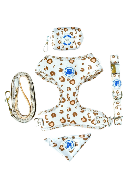 Beige Dog Walking Set with Leopard Print – Harness, Leash, Collar, Bandana, Waste Bag Holder