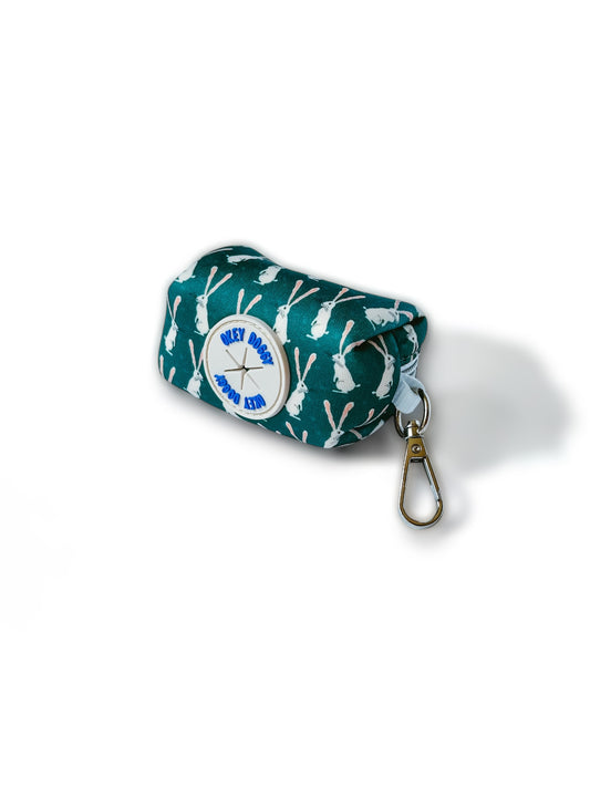 Green rabbit print poop bag holder pouch with zipper and clip – compact and convenient dog accessory