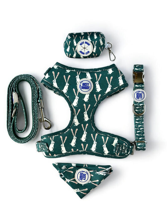 Green Dog Walking Set with Rabbit Print – Harness, Leash, Collar, Bandana, Waste Bag Holder